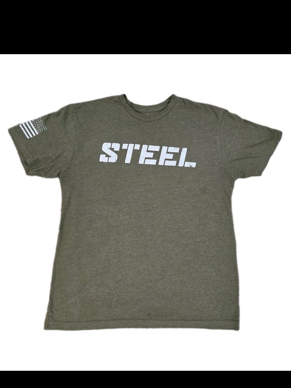 Steel Supplements Olive Green Distressed Logo Graphic Tee Shirt Flag Sleeve L